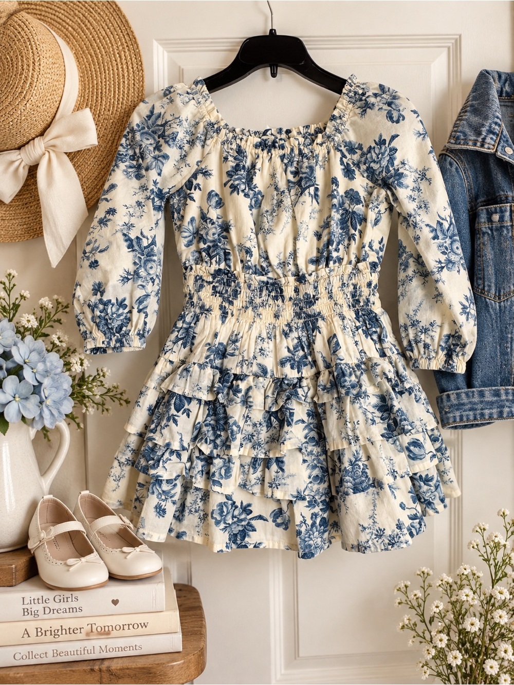 LoveShackFancy x Gap Cream & Blue Floral Tiered Girl's Dress